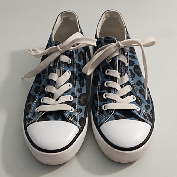 Blue Black Leopard Print Sneakers Converse Style Tennis Shoes - Picture 8 of 14